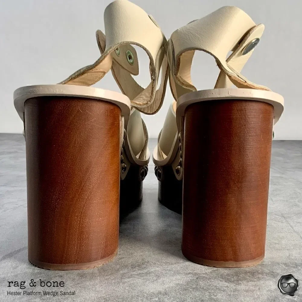RAG & BONE HESTER LEATHER ANKLE-STRAP WEDGE PLATFORM SANDALS IN IVORY SIZE 9
